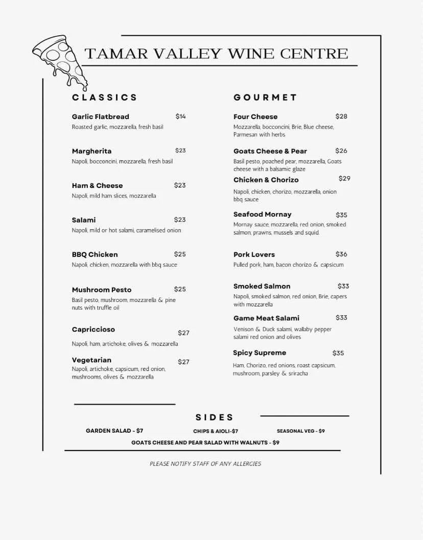 Menu, Tamar Valley Wine Centre