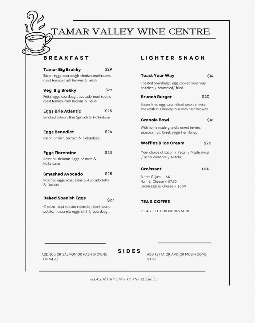 Menu, Tamar Valley Wine Centre