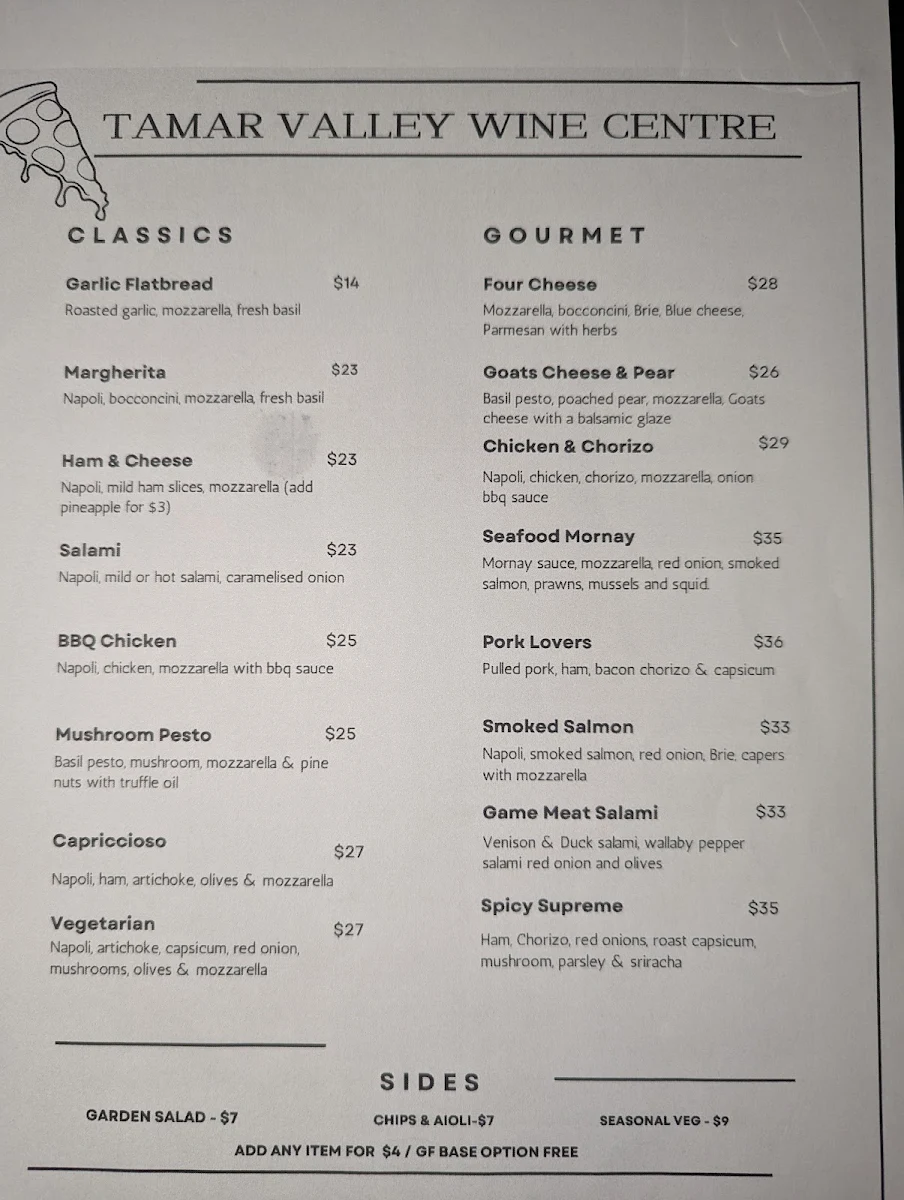 Menu, Tamar Valley Wine Centre