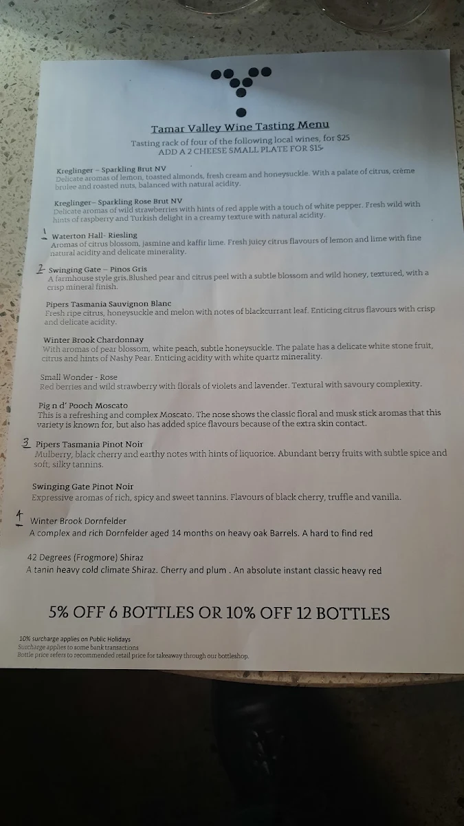 Menu, Tamar Valley Wine Centre