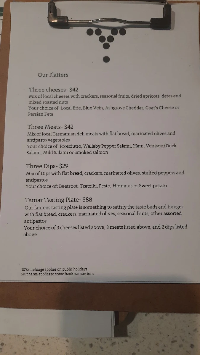Menu, Tamar Valley Wine Centre