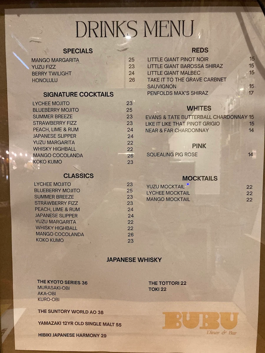 Menu, Bar Bubu Diner