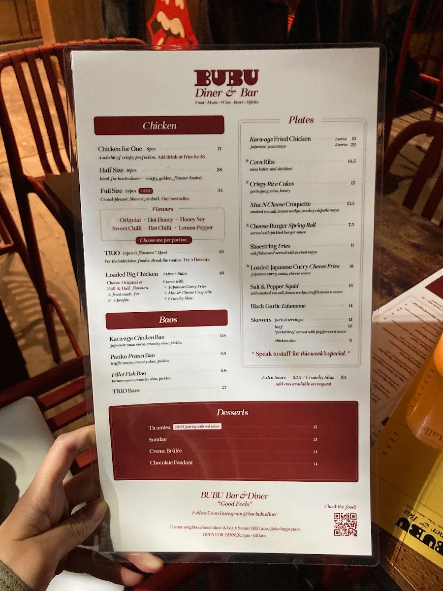 Menu, Bar Bubu Diner