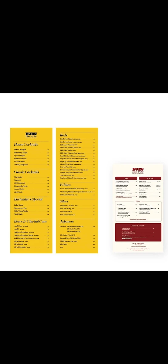 Menu, Bar Bubu Diner