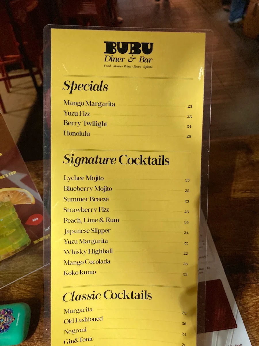 Menu, Bar Bubu Diner