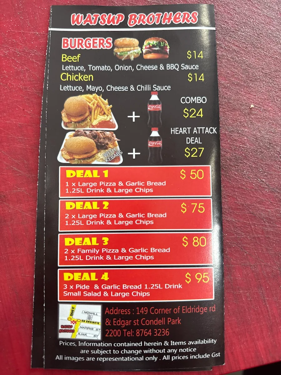 Menu, Watsup Brothers Condell Park