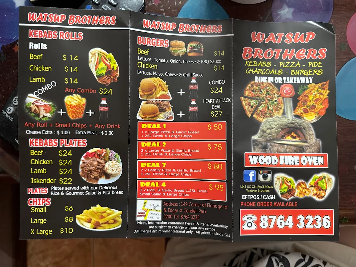 Menu, Watsup Brothers Condell Park