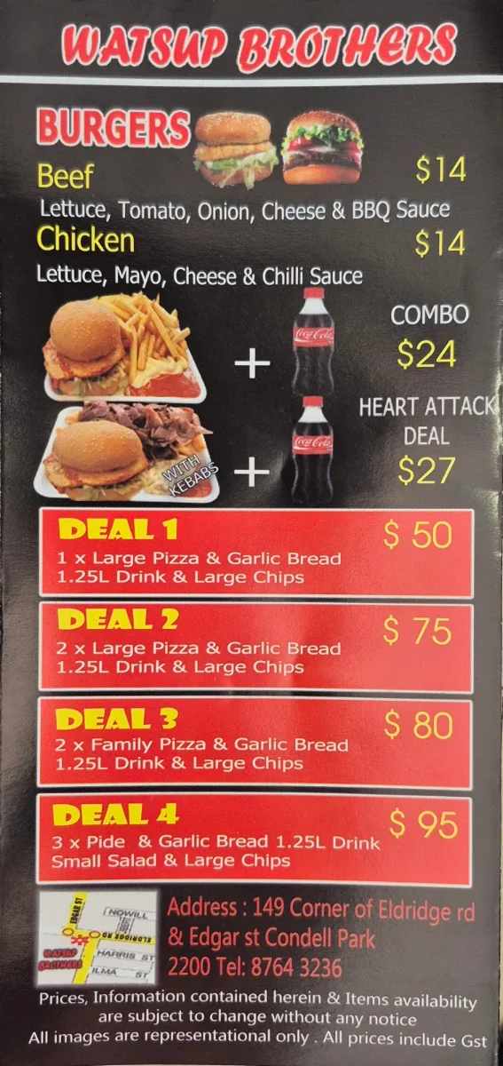 Menu, Watsup Brothers Condell Park