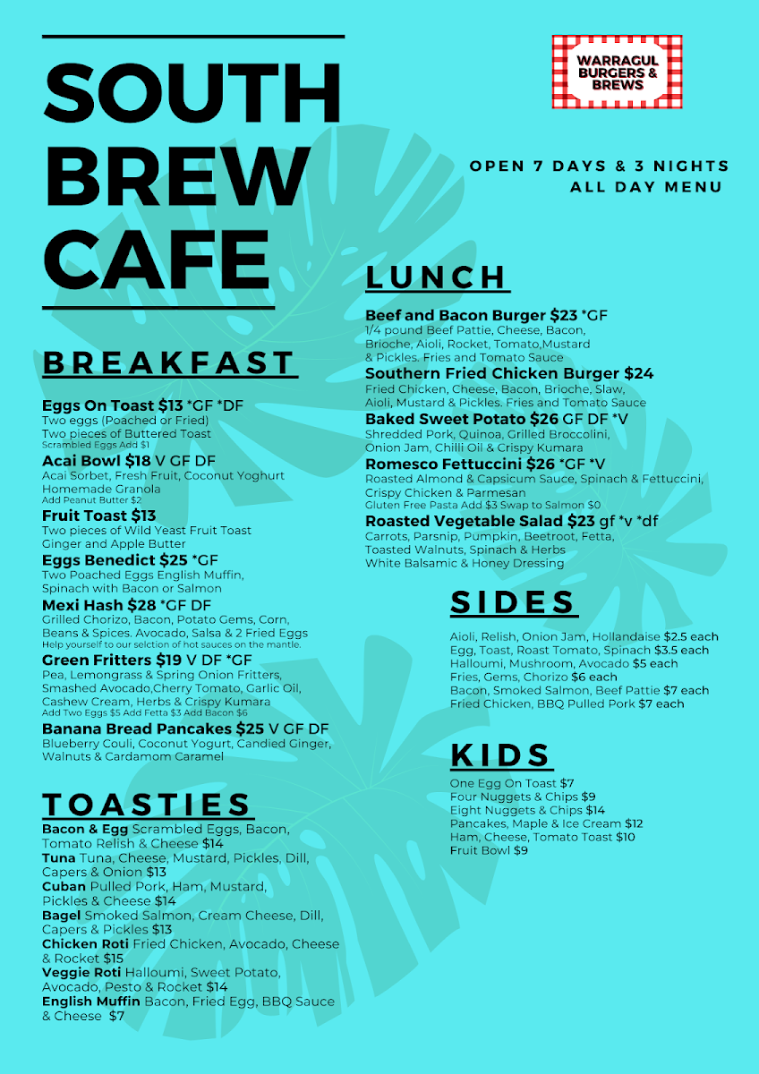 Menu, South Brew Cafe