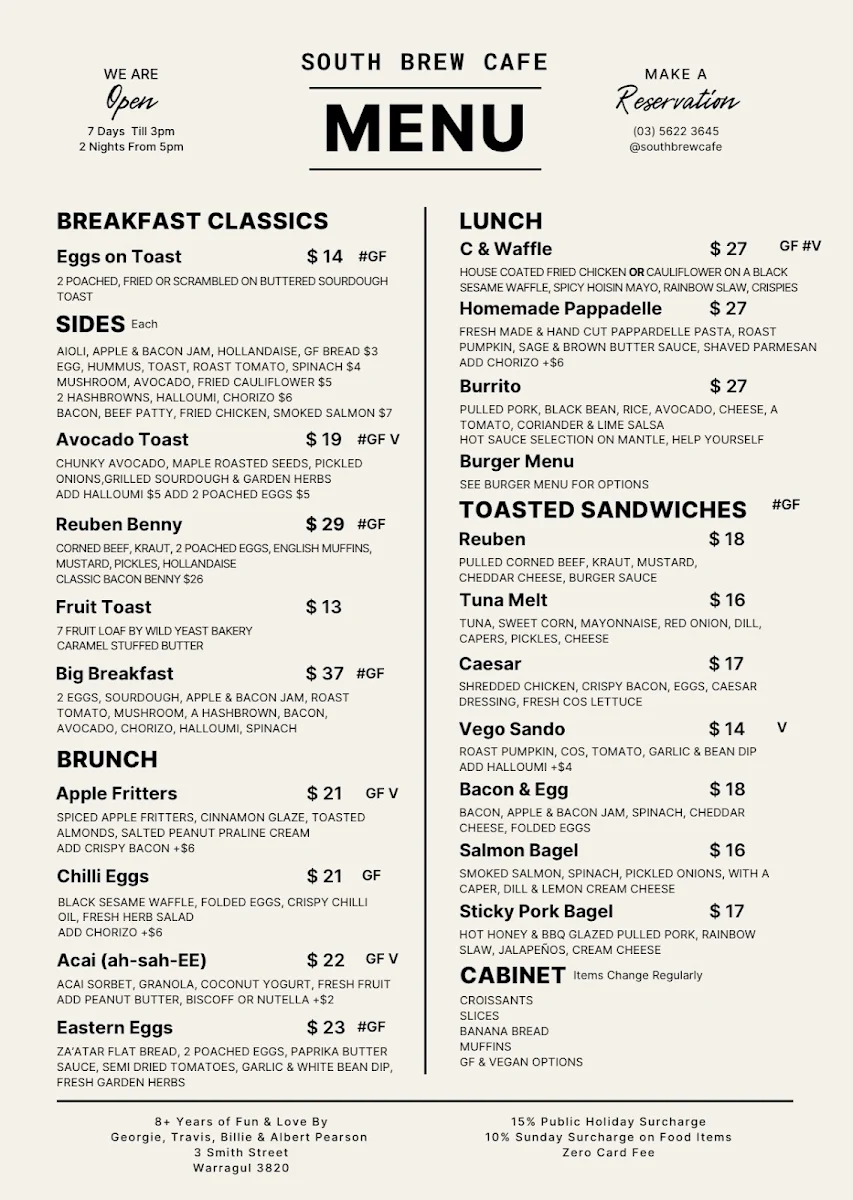 Menu, South Brew Cafe