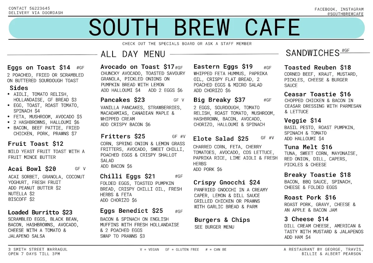 Menu, South Brew Cafe