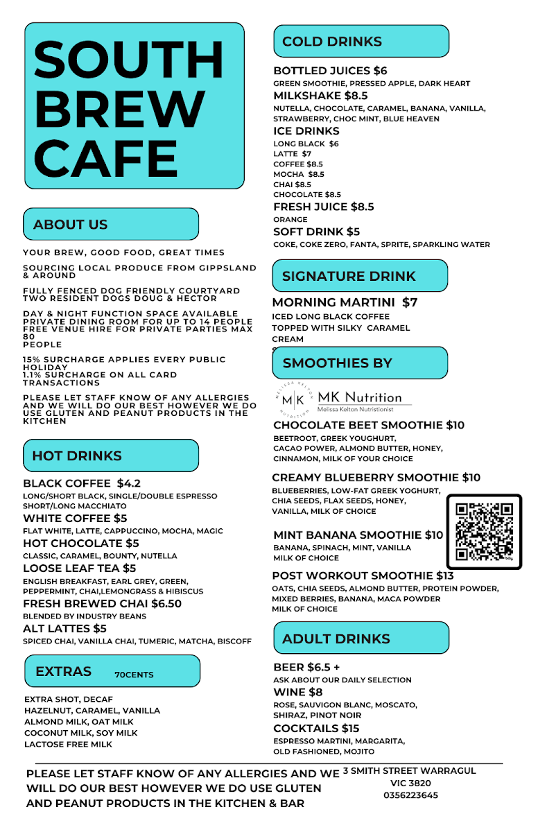 Menu, South Brew Cafe