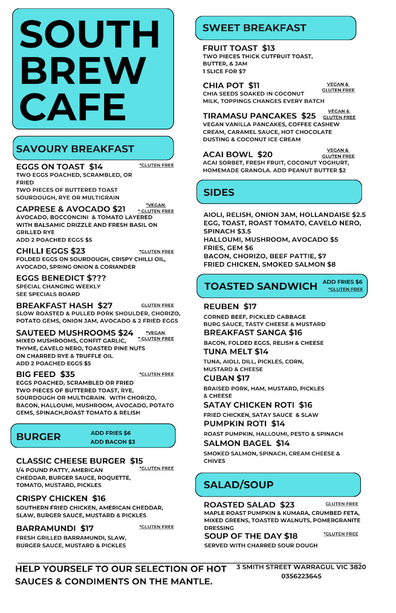 Menu, South Brew Cafe