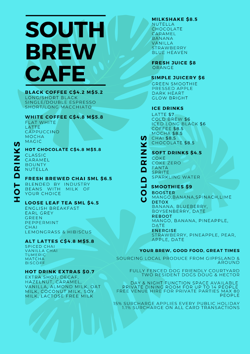 Menu, South Brew Cafe