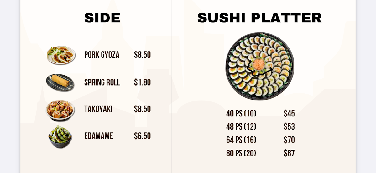 Menu, Sushi Paradise Bellmere