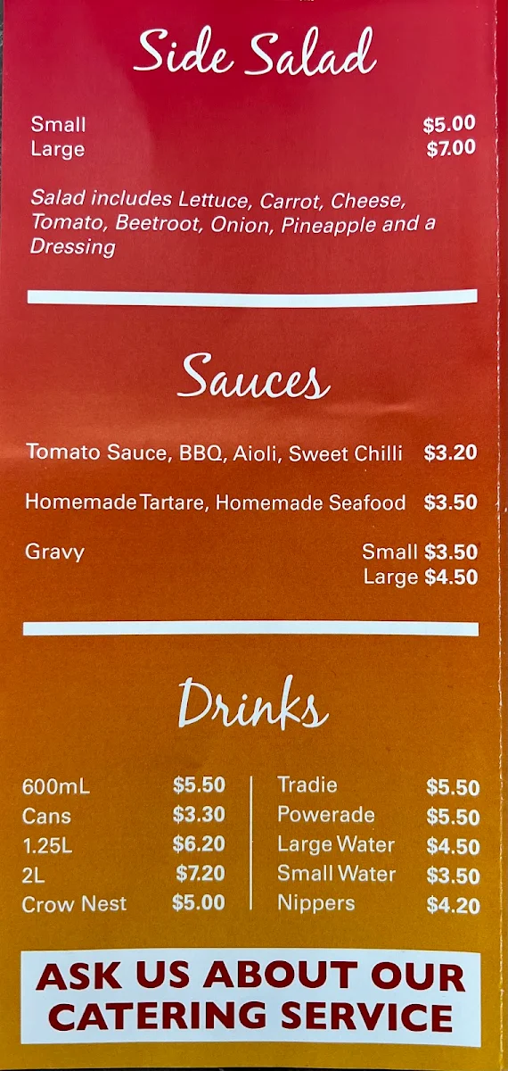 Menu, Vella's Fish Bar Xpress