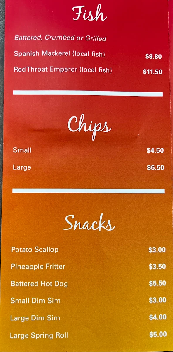 Menu, Vella's Fish Bar Xpress