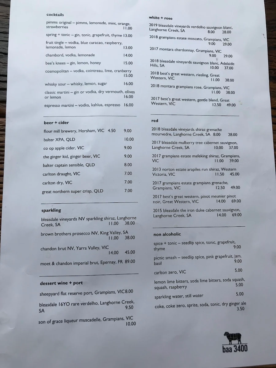 Menu, baa 3400