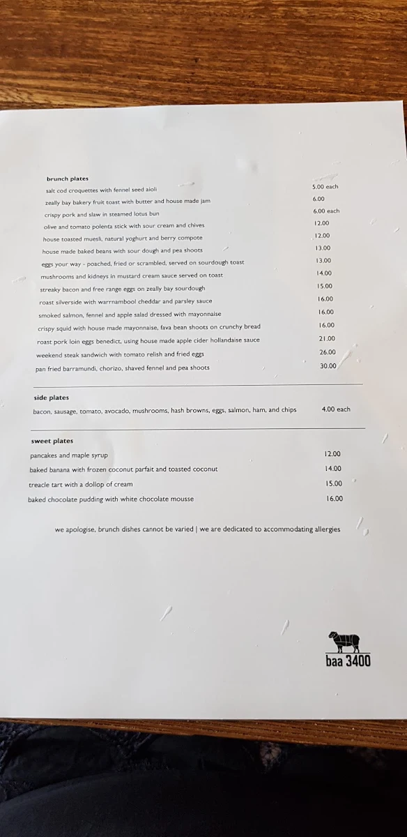 Menu, baa 3400