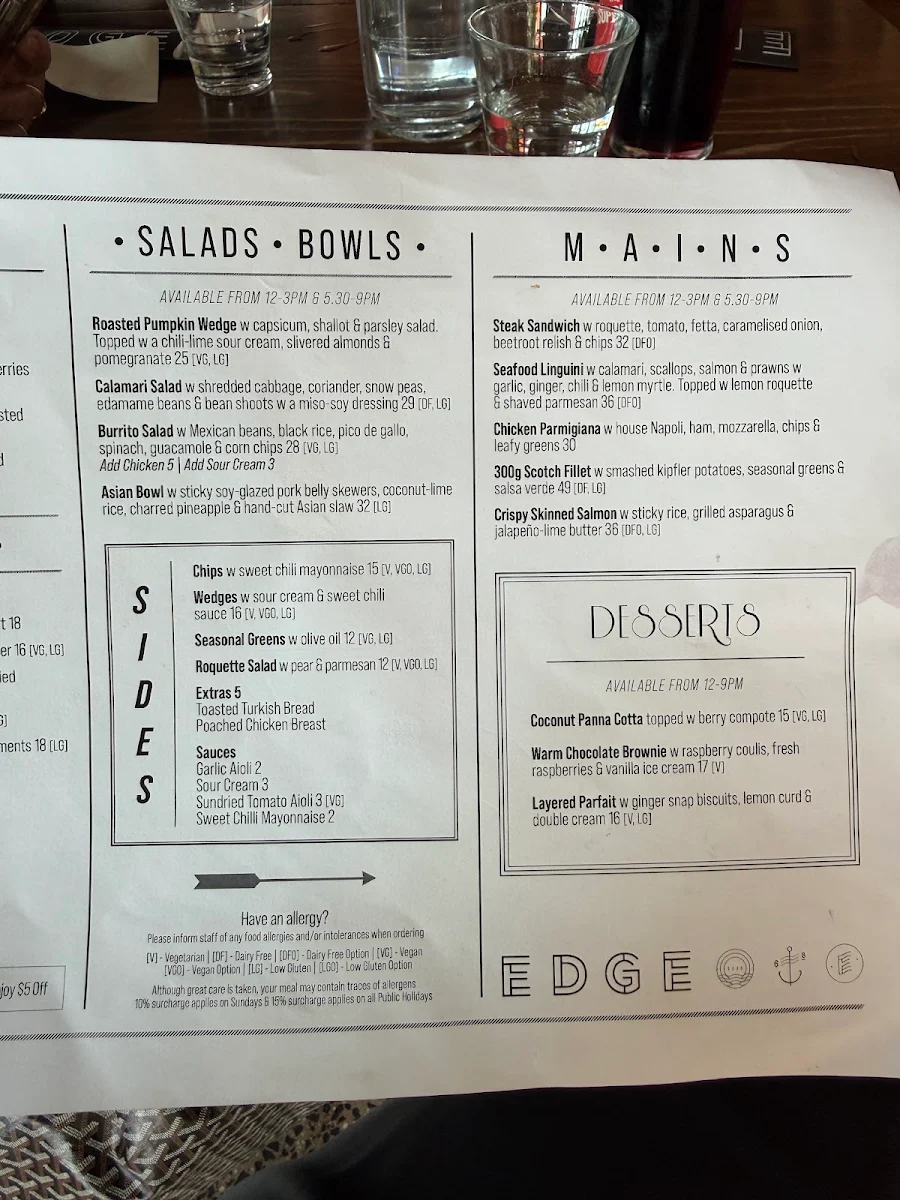 Menu, Edge Geelong