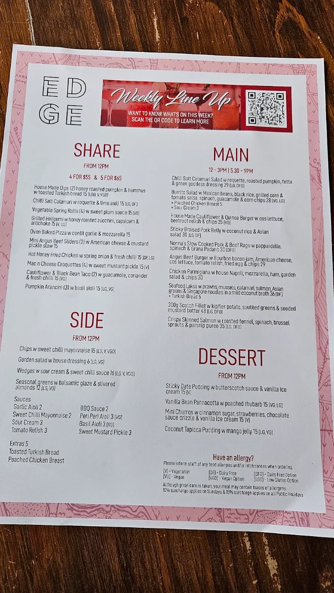 Menu, Edge Geelong