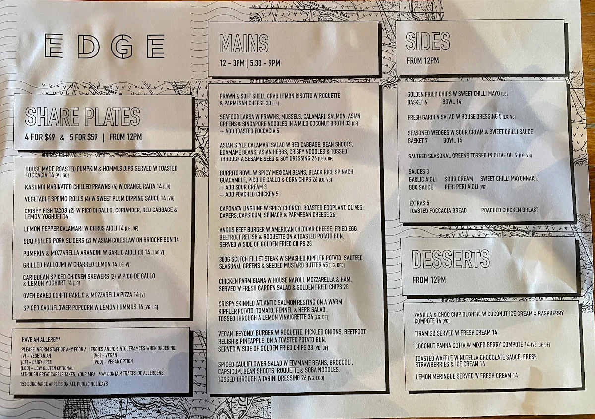 Menu, Edge Geelong