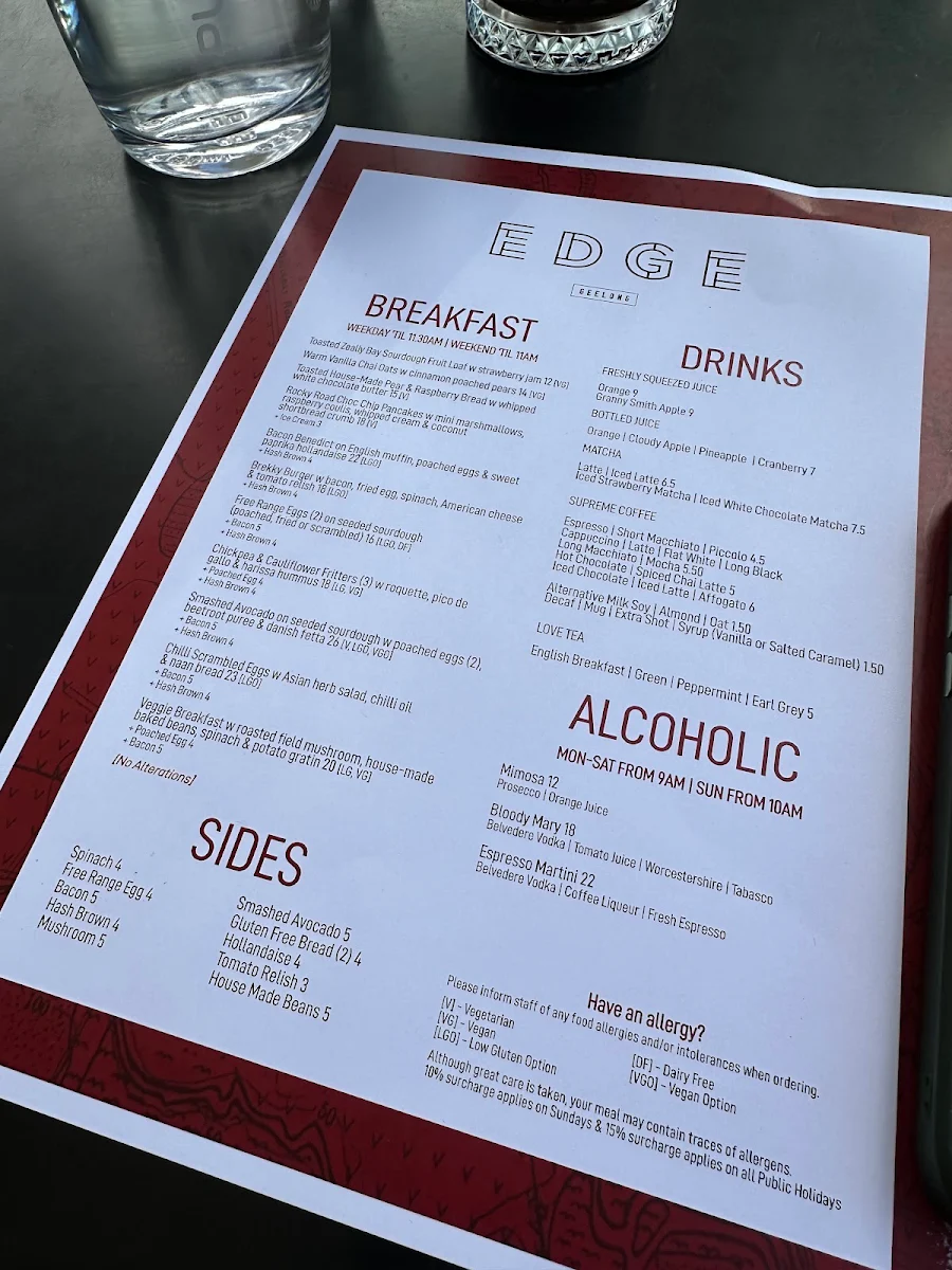 Menu, Edge Geelong