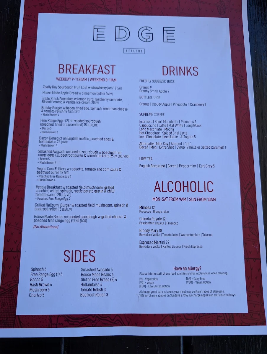 Menu, Edge Geelong