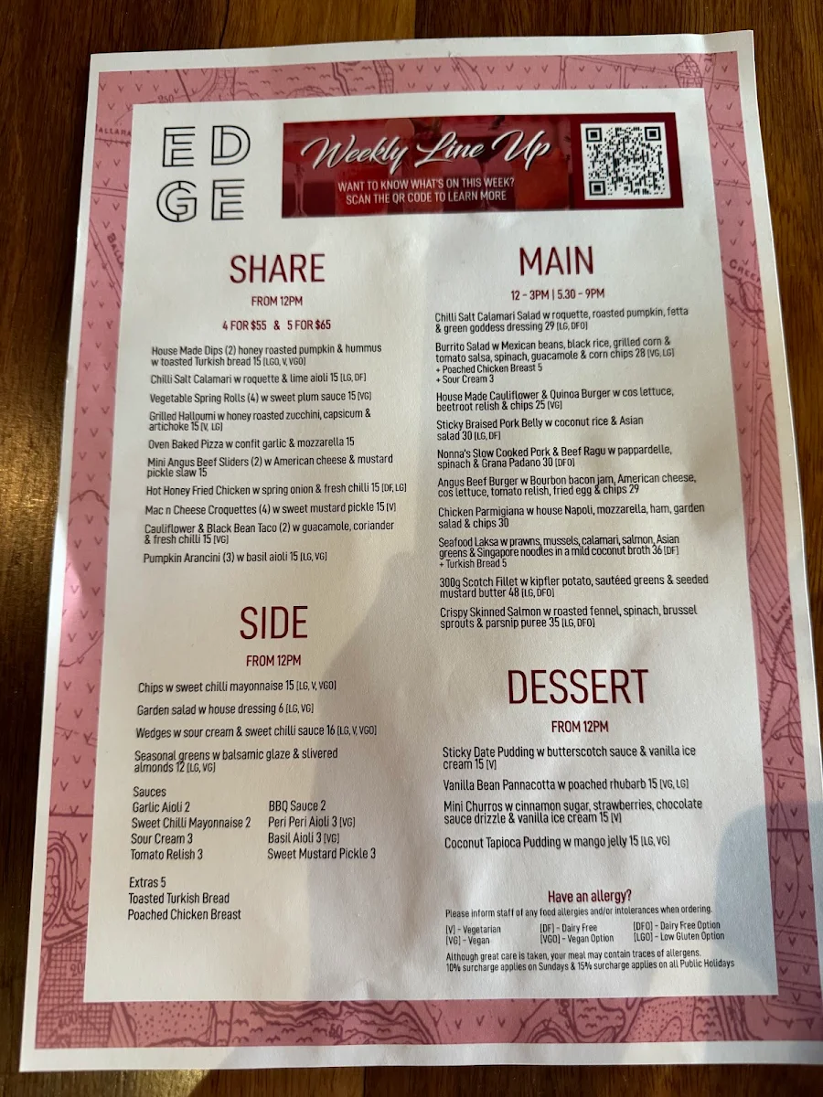 Menu, Edge Geelong