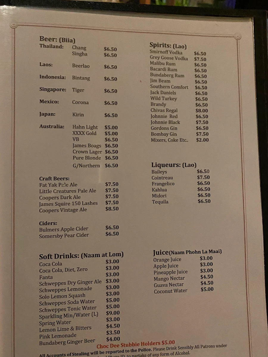 Menu, Choc Dee Thai Restaurant