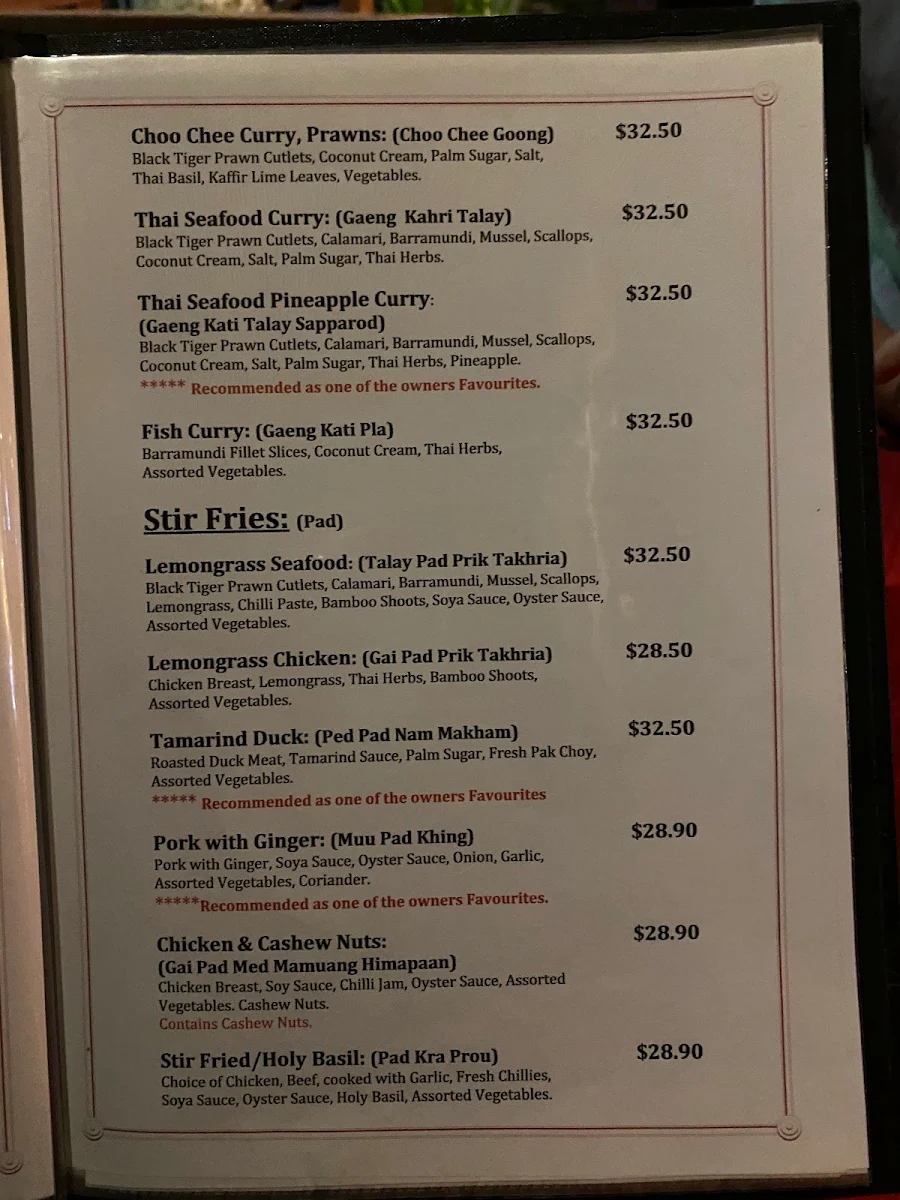 Menu, Choc Dee Thai Restaurant
