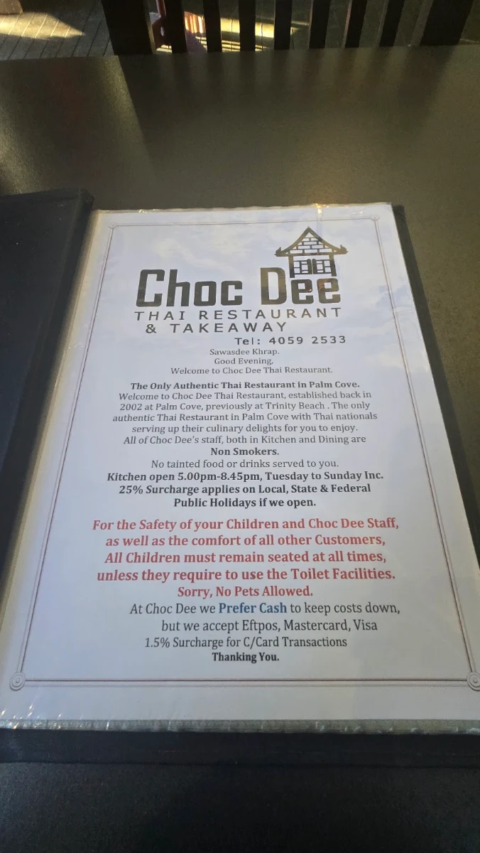 Menu, Choc Dee Thai Restaurant