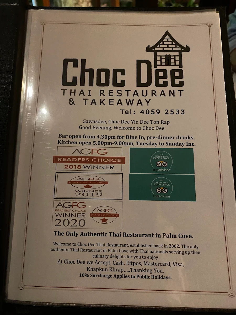 Menu, Choc Dee Thai Restaurant