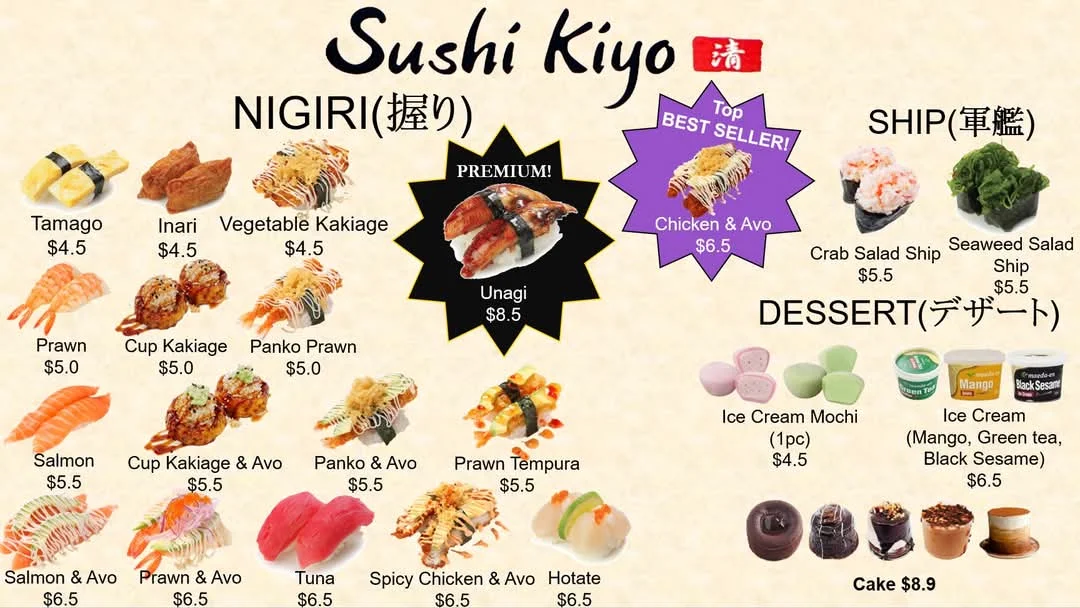 Menu, Sushi Kiyo