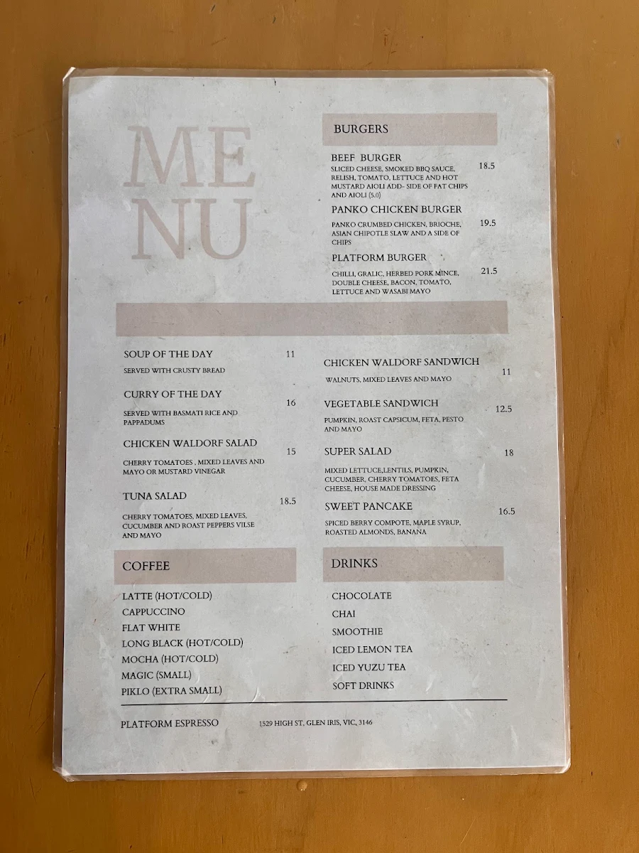 Menu, Platform Espresso