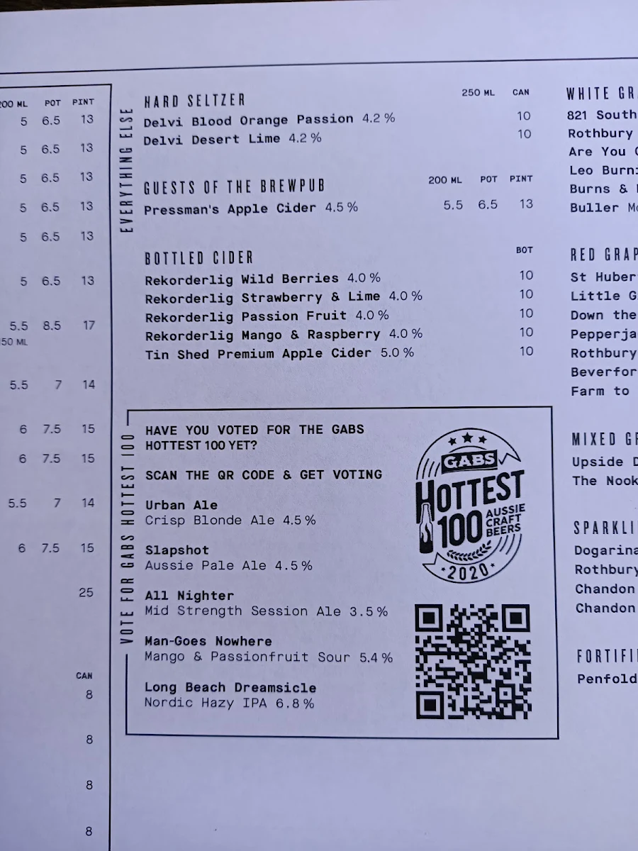 Menu, Urban Alley Brewery