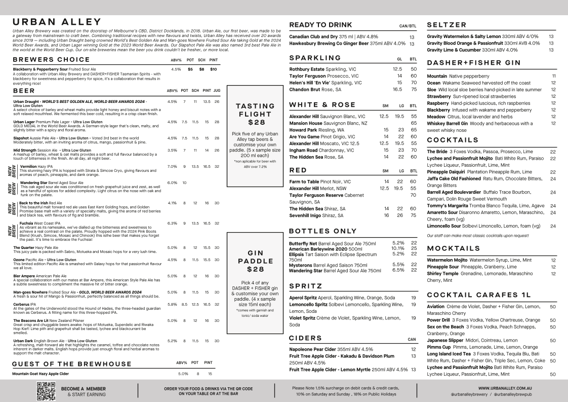 Menu, Urban Alley Brewery