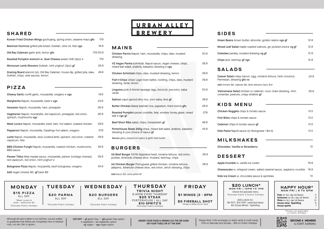 Menu, Urban Alley Brewery