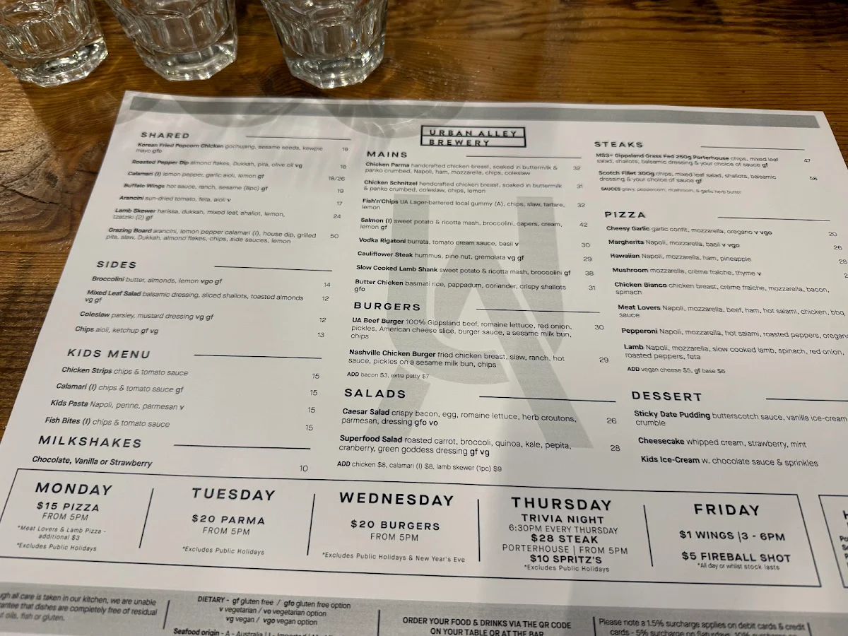 Menu, Urban Alley Brewery