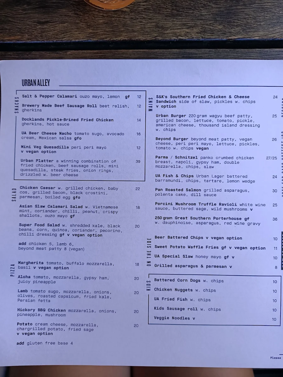 Menu, Urban Alley Brewery