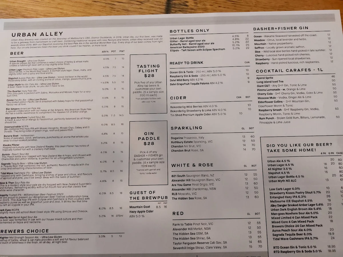 Menu, Urban Alley Brewery