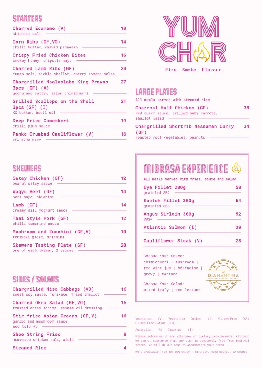Menu, YUM CHAR
