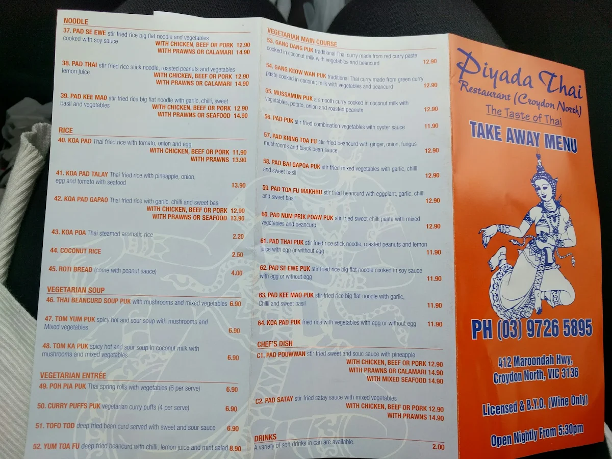 Menu, Piyada Thai