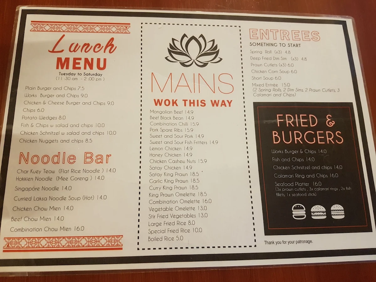 Menu, Gateshead Tavern & Motel