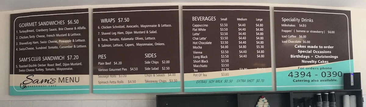 Menu, Sam's Bakehouse Cafe