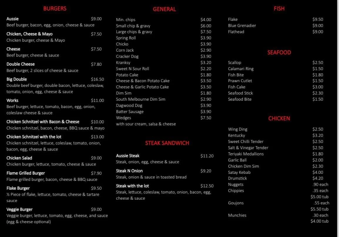 Menu, Chillas Takeaway