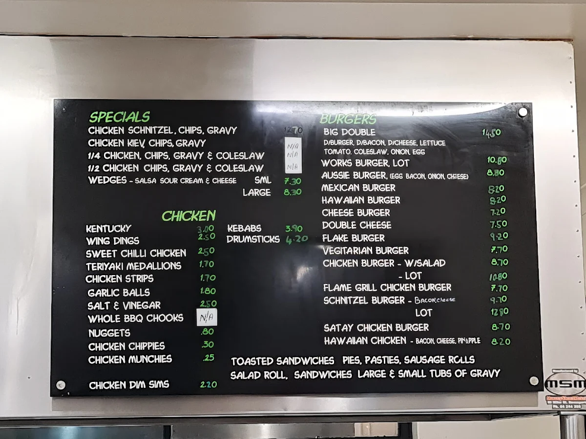 Menu, Chillas Takeaway
