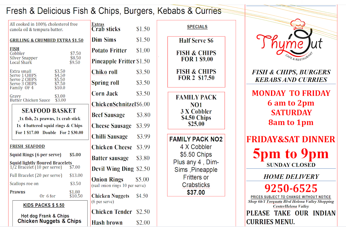 Menu, Thyme Out Cafe & Restaurant