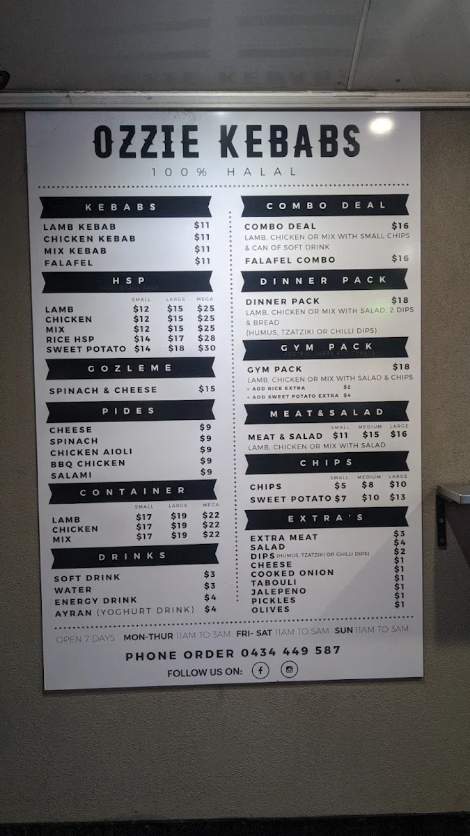 Menu, Ozzie Kebabs