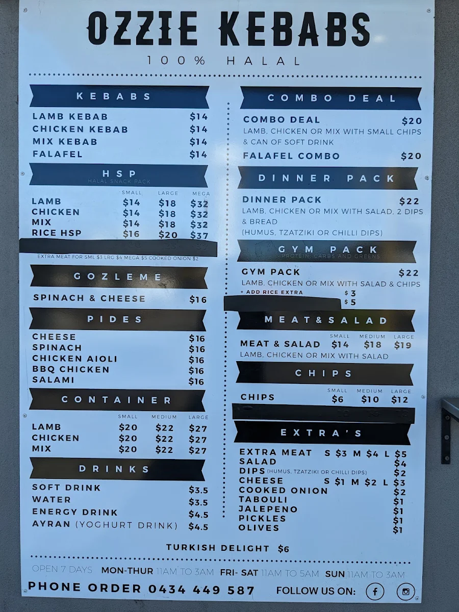 Menu, Ozzie Kebabs